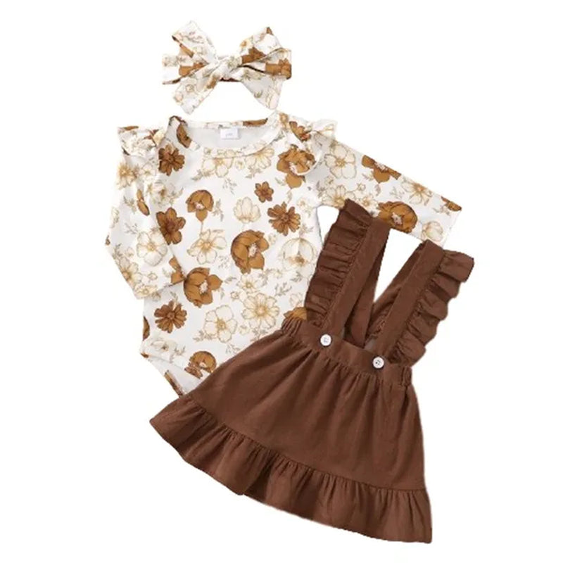 0-12 Months Newborn Baby Girl Clothes Set Flowers Print Long Sleeve Romper Top Suspender Skirt Spring&Autumn Lovely Outfit