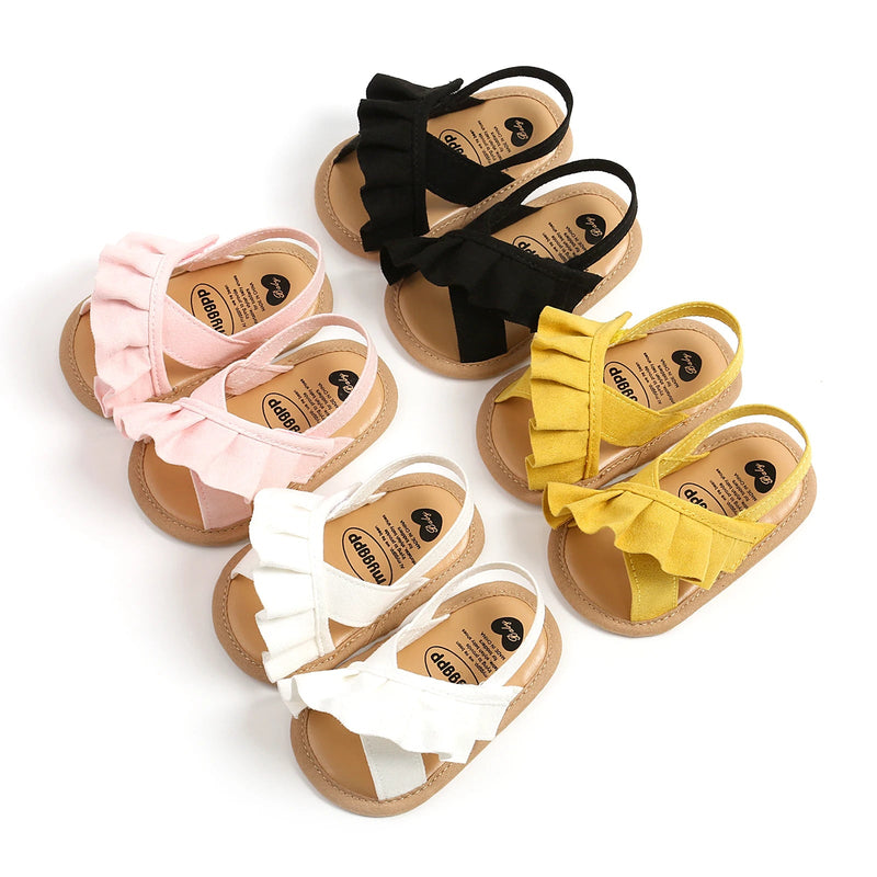 2023 0-18Months Baby Girl Summer Sandals Cute Ruffle Solid Color Flats Non-Slip Soft Sole Infant First Walkers