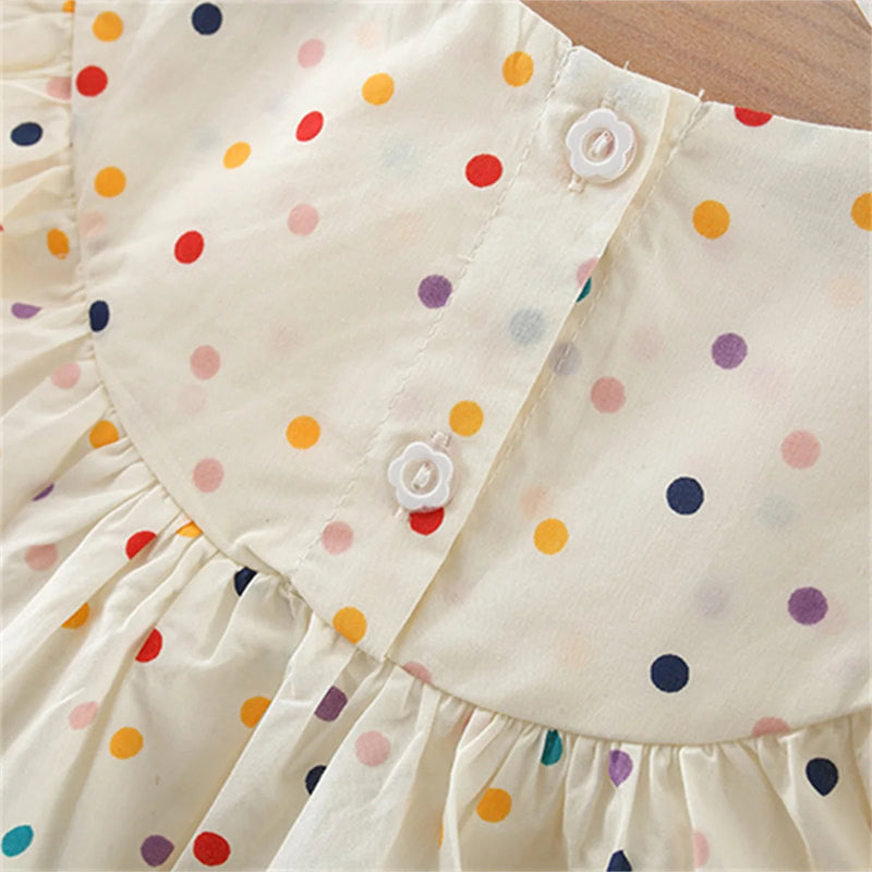 New Cute Girl'S Dress Sweet Rose Embroidered Small round Dots Korean Version Loose Bubble Sleeve Cotton Beach Skirt