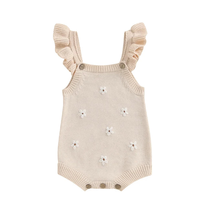 Infant Baby Girl Sleeveless Knit Romper Embroidery Floral Strappy Sweater Romper Bodysuit Pullover