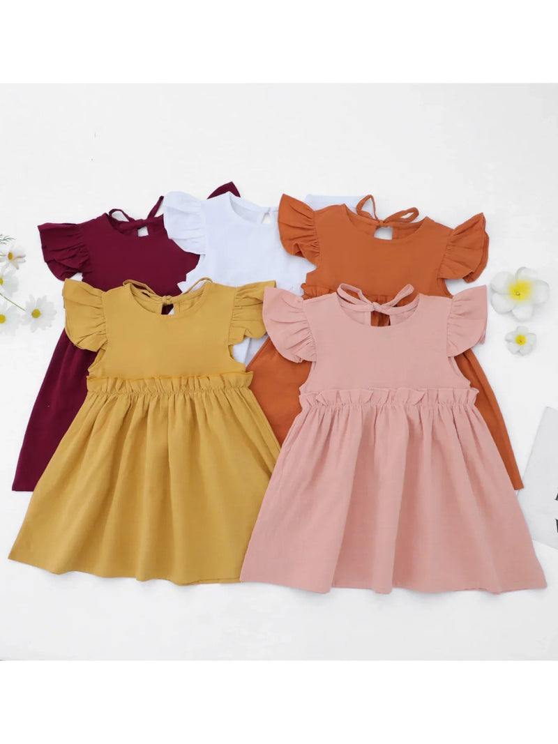 Girls' Flutter Sleeve Princess Dress with Tie, Children'S Clothing, Solid Color, Cotton, European and American Style, Newstyle