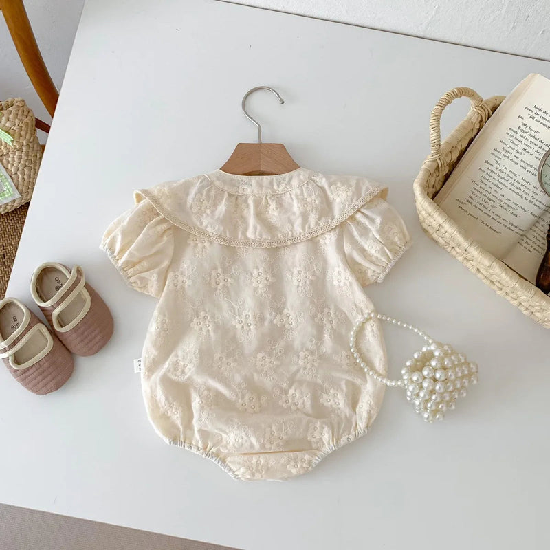 2024 Summer New Baby Girl Short Puff Sleeve Rompers Solid Newborn Clothes Girls Jumpsuit Square Neck Embroidery Bubble Romper