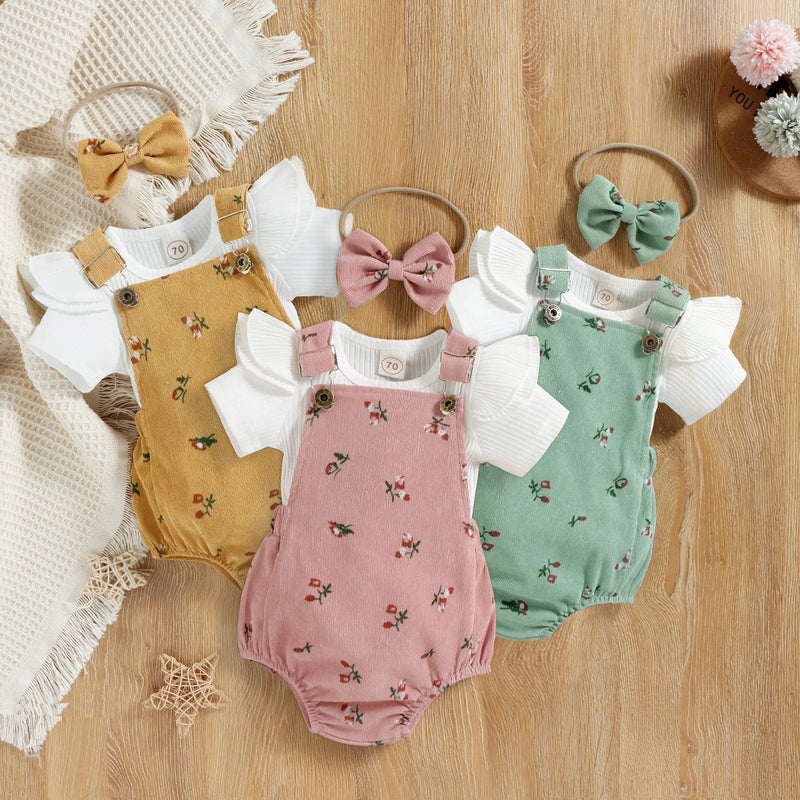 Infant Baby Girl Summer Clothes, Solid Color Fly Sleeve round Neck Tops + Flower Pattern Suspender Jumpsuit + Bow Headband