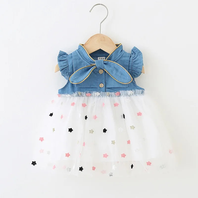 Girls' Summer New Little Flying Sleeve Dress Children'S Cute Bow Denim Splice Gold Plated Mesh Ponchy Skirt