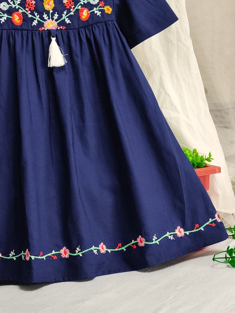 Toddler Girls Short Sleeve Flowers Embroidered Cotton Casual Princess Dress for Party Kids Summer Clothes