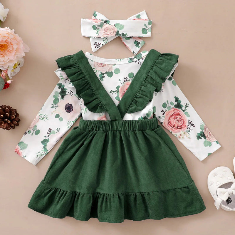 0-12 Months Newborn Baby Girl Clothes Set Flowers Print Long Sleeve Romper Top Suspender Skirt Spring&Autumn Lovely Outfit