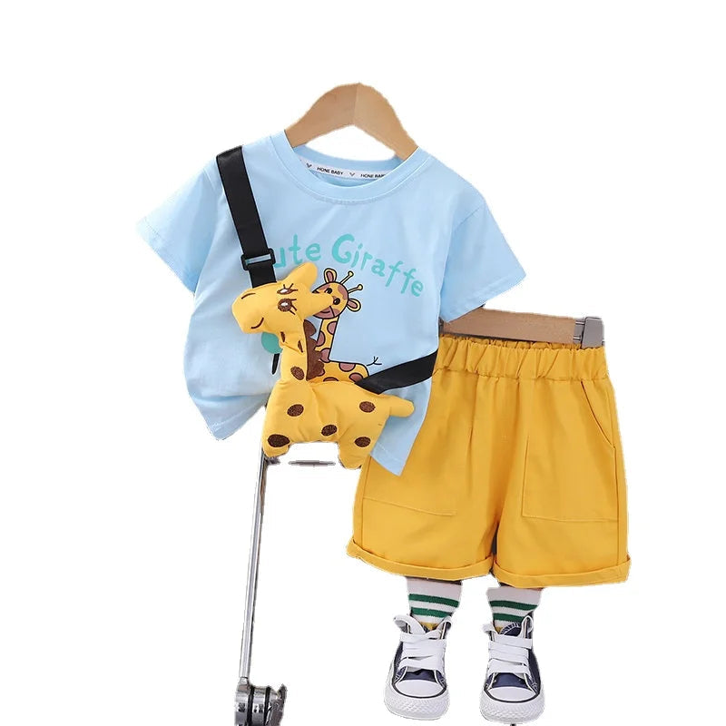 New Boy Summer Newborn Children Clothing 2Pcs/Set Short Sleeve Cartoon T-Shirts Pants with Giraffe Toy Tracksuit Suit 0-5 Years