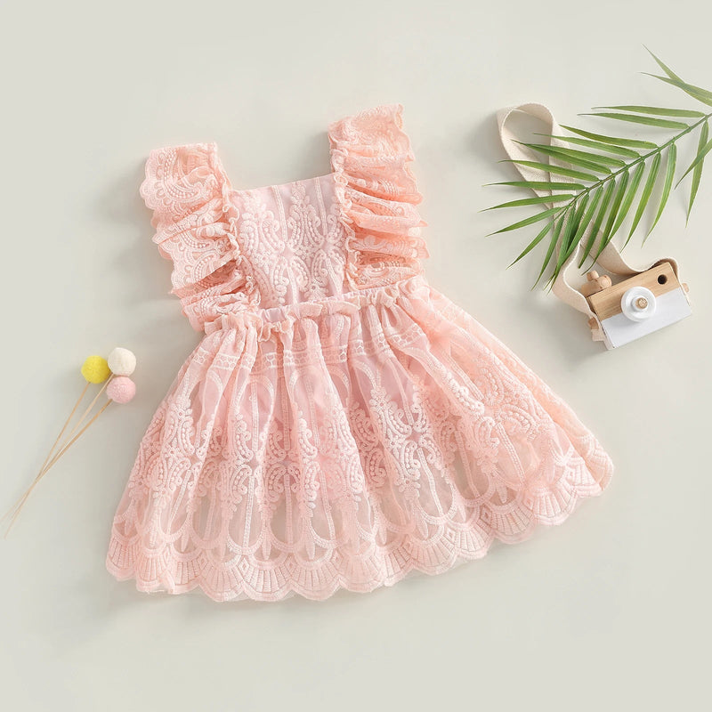 EWODOS Toddler Baby Girls Sweet A-Line Dress Summer Lace Jumpsuit Ruffles Sleeve Backless Solid Color Infant Bodysuit Dresses