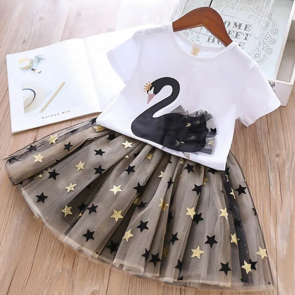 Summer Baby Girls Clothing Sets Cotton Cartoon Swan T-Shirt+Sequin Skirts 2Pcs Suit Children Fashion Princess Kids Dress Outfits