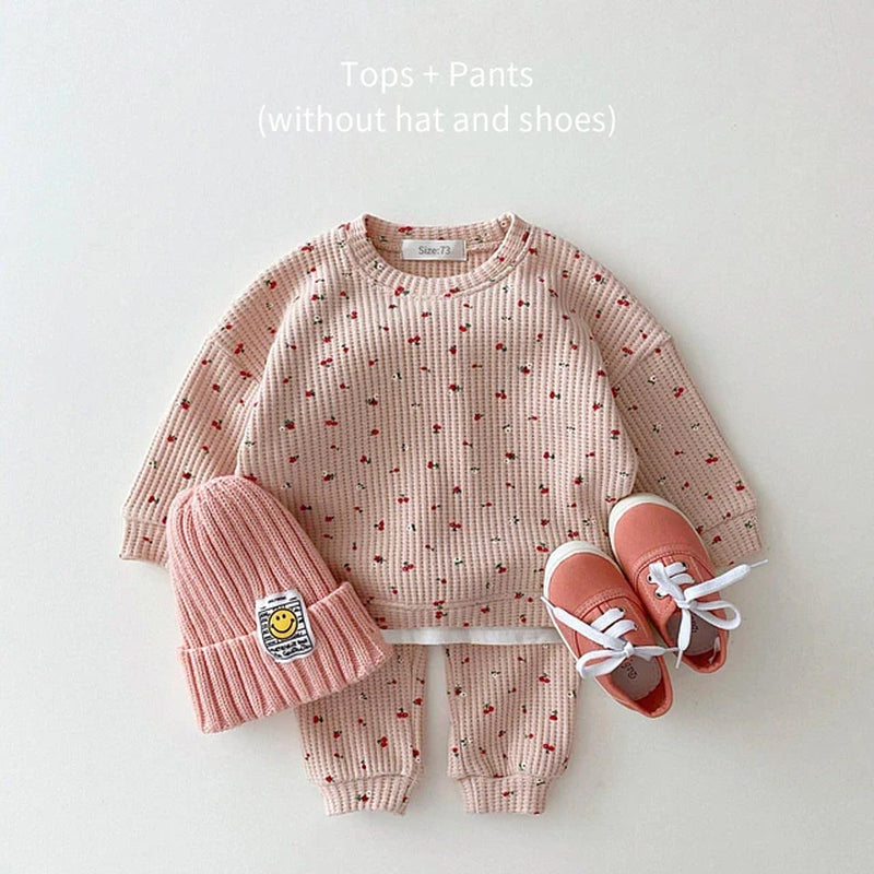 2024 New Toddler Kids Waffle Cotton Clothes Set Many Fruits Print Sweatshirt + Casual Pants 2Pcs Boys Suit Baby Girl Outfits