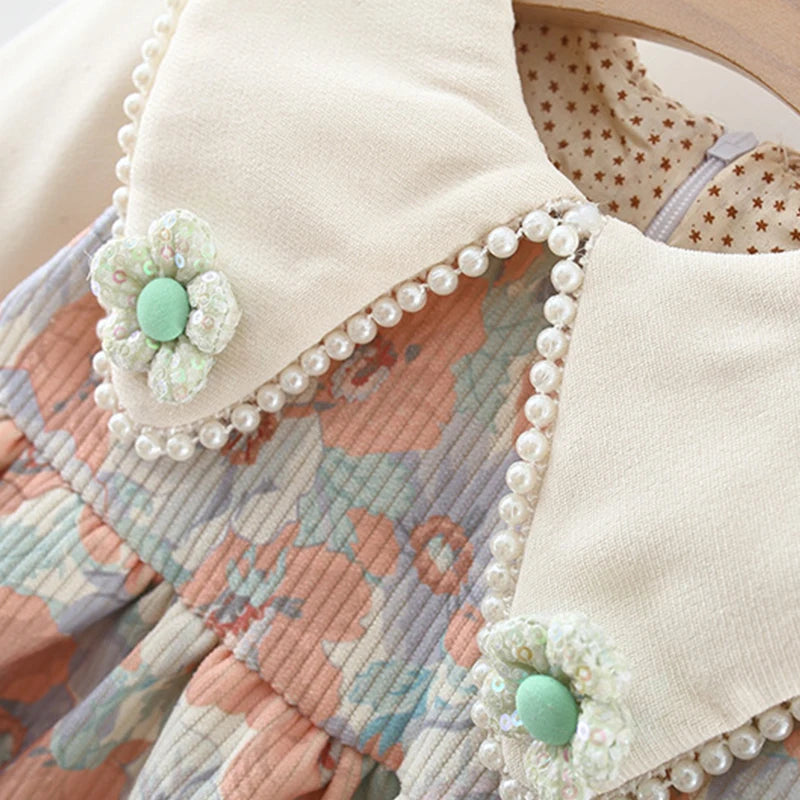 Spring Autumn Newborn Girls Clothes Korean Fashion Doll Collar Flowers Cute Long Sleeve Cotton Baby Dresses Kids Dress BC1473-1