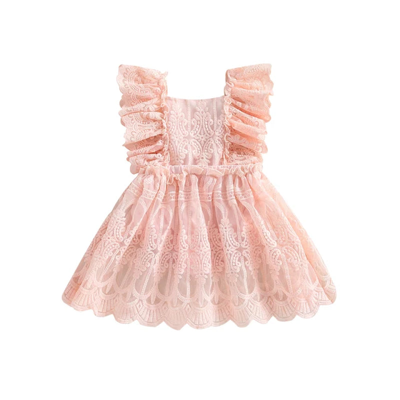 EWODOS Toddler Baby Girls Sweet A-Line Dress Summer Lace Jumpsuit Ruffles Sleeve Backless Solid Color Infant Bodysuit Dresses