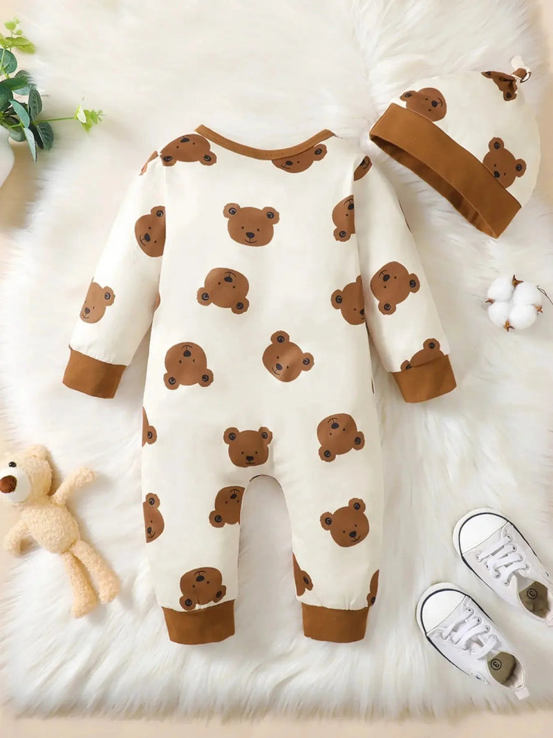 Winter Newborn Infant Baby Boys Romper Bear Print Long Sleeve Button up Front Rompers Kids Onepiece Soft Fashion Baby