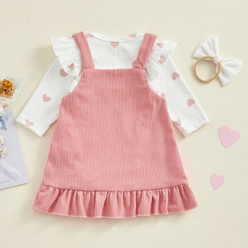 Infant Baby Girls 3Pcs Spring Outfits Heart Print Romper Suspender Skirt Headband Set Newborn Clothes 0-18M