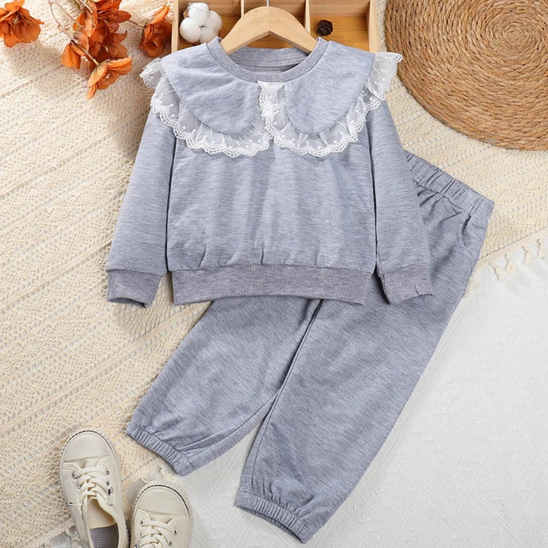 Girls Autumn Sports Suit 2023 Childrens Korean Version Lapel Lace Sweatshirt Two-Piece 1-7 Years Old Girls Clothing