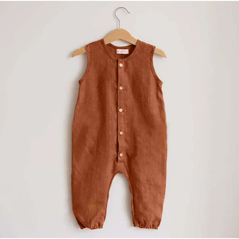 Summer Newborn Baby Boys Romper Infant Solid Cotton Romper Baby Boys Girls Jumpsuit Button Breasted Sleeveless Kids Clothes