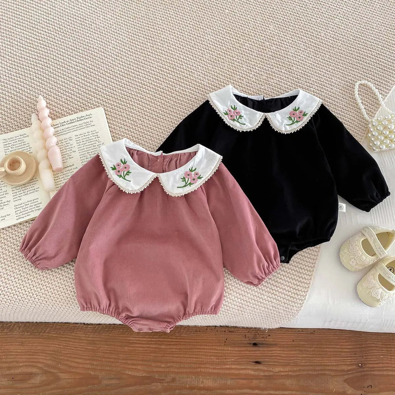 Autumn Infant Bodysuit Newborn Girls Romper Floral Embroidery Lapel Solid Color Long Sleeved Jumpsuit Baby Clothes 0-2 Years Old