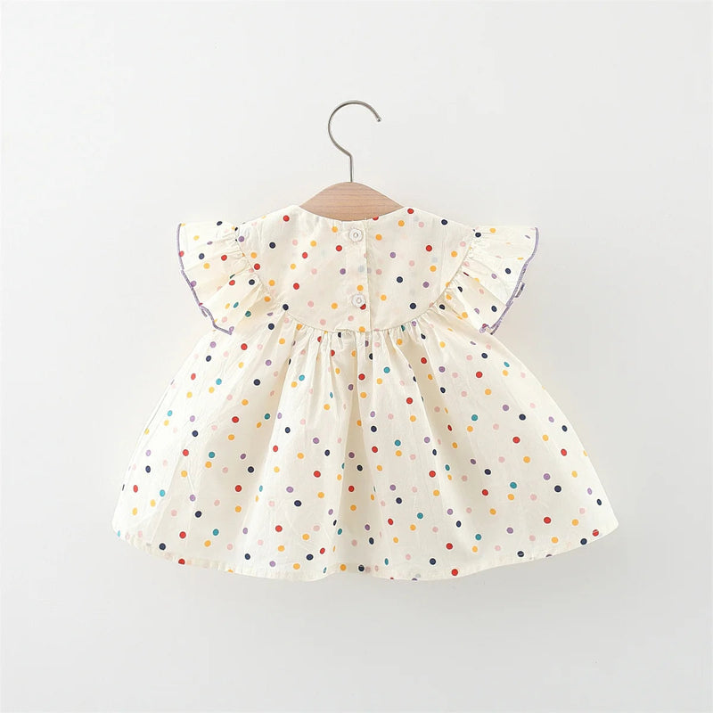 New Cute Girl'S Dress Sweet Rose Embroidered Small round Dots Korean Version Loose Bubble Sleeve Cotton Beach Skirt