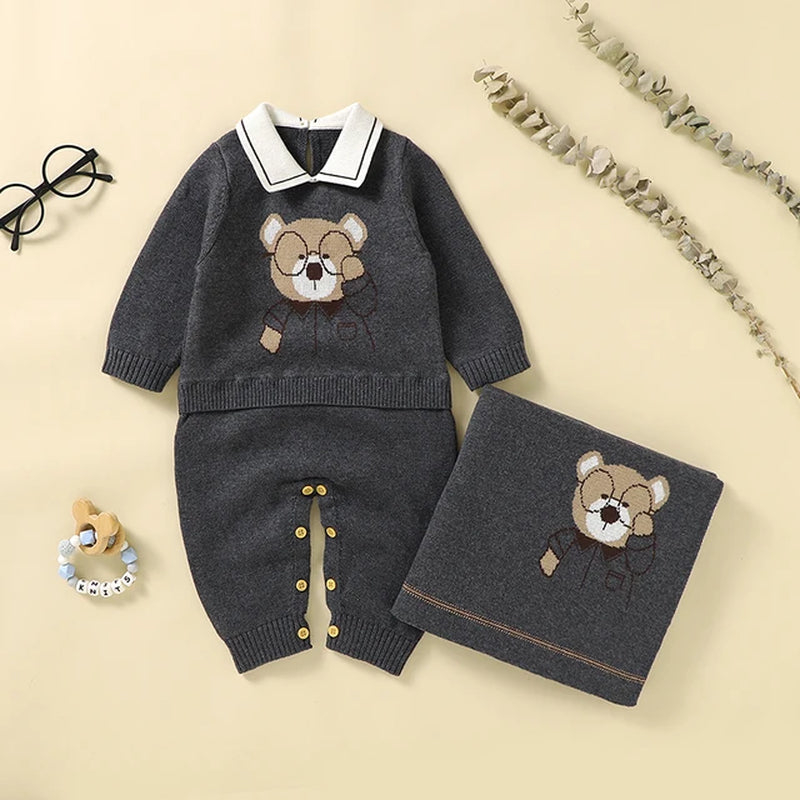 Newborn Baby Clothing Set 100%Cotton Knit Infant Girl Boy Romper +Blanket Cute Bears Toddler Long Sleeve Jumpsuit +Bedding Quilt