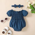 0-18M Infant Baby Girls Denim Romper Summer Short Sleeve off Shoulder Pleated Bodysuits with Headband Fashion Newborn Outfits