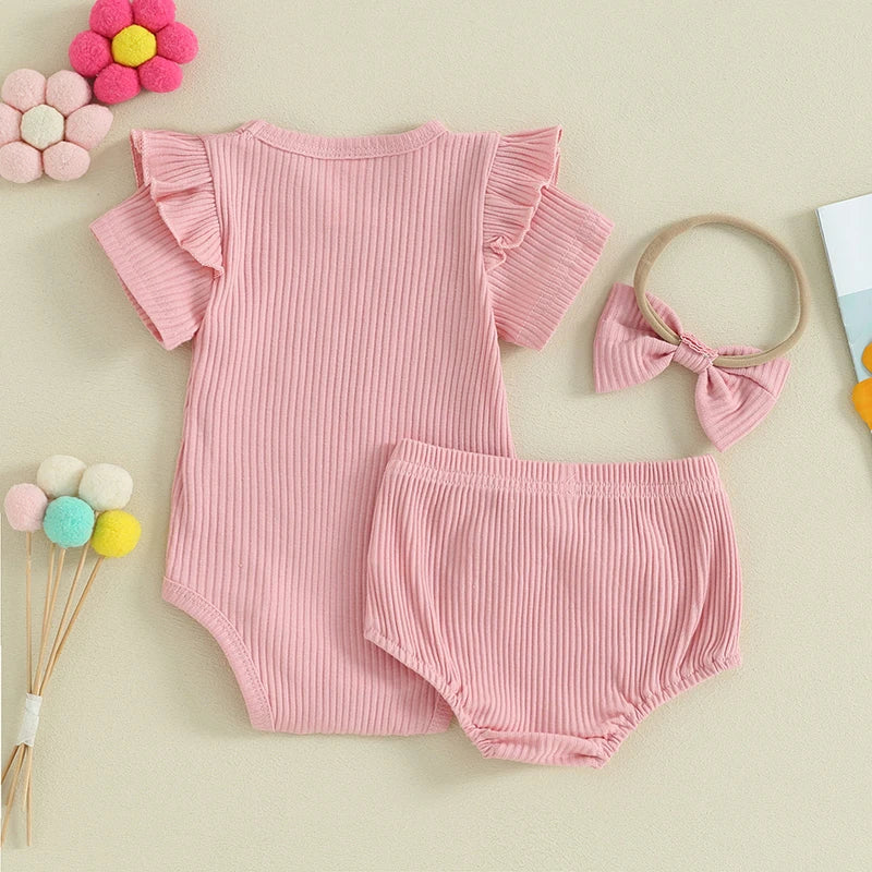 Baby Clothing Girls Summer Outfits Letter Print Ribbed Short Sleeve Romper and Shorts Cute Headband 3 Piece Clothes Newborn Set