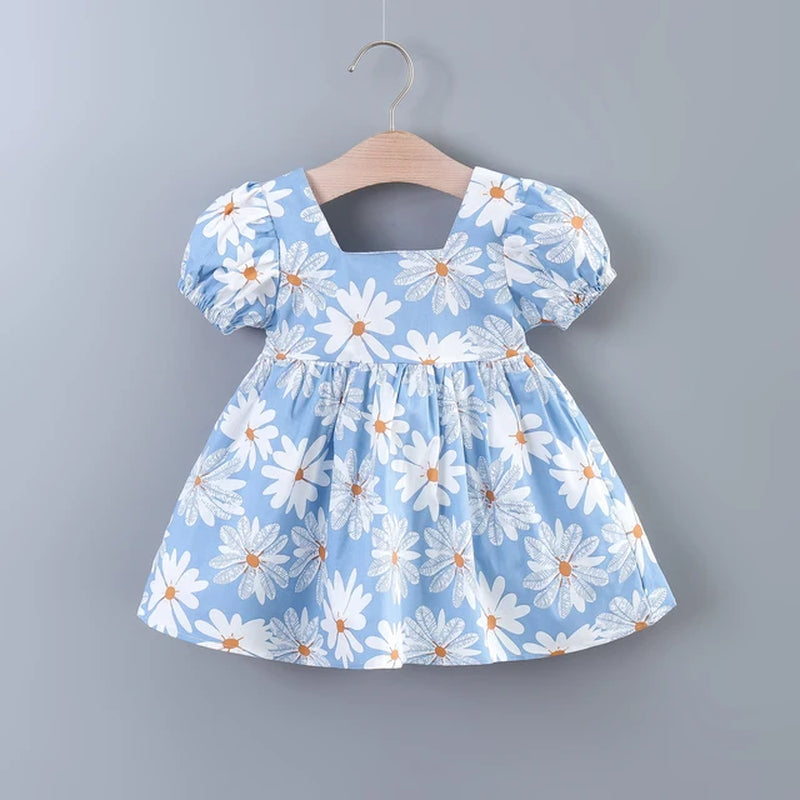 Baby Girls Casual Floral Graphic Print Puff Sleeve Bowknot Back Dress Clothes for Summer