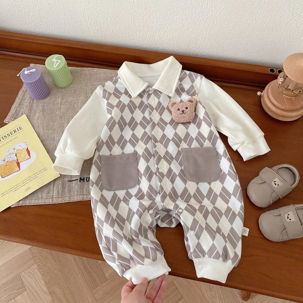 2023 Autumn New in Infant Baby Boys Full Sleeve Plaid Bear Single-Breasted Outwear Newborn Kids Jumpsuits Toddler Romper 0-24M