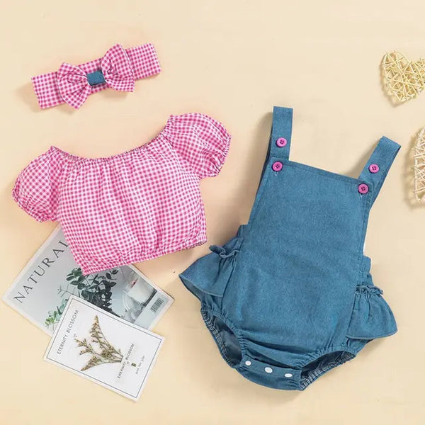 Summer New Baby Girl Plaid Short-Sleeved Top Denim Triangle Bag Bodysuits + Headscarf Romper Clothes Three-Piece Sets