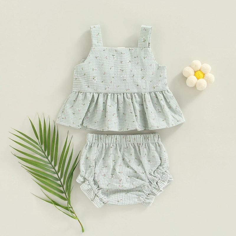 Infant Baby Girl 2 Pcs Outfits Suit Plaid Pattern Floral Printed Bowknot Suspender Tops Shorts Set for Summer