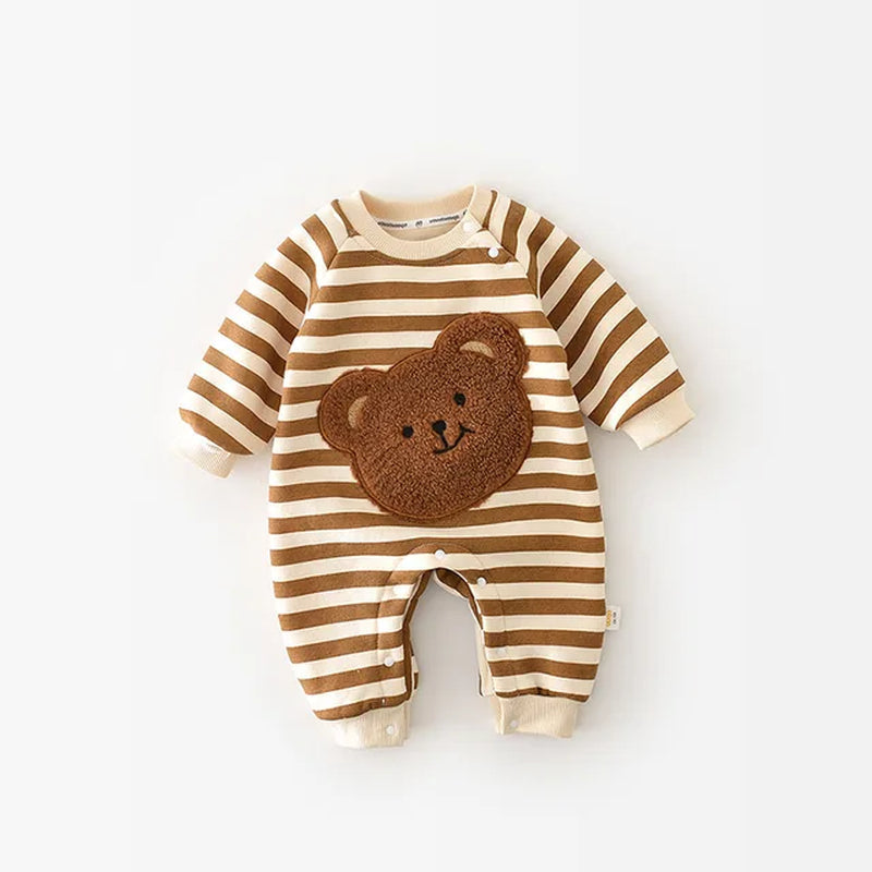 Baby Rompers Thicken Lining Boys Clothes Striped Girls Jumpsuits Bear Outfit