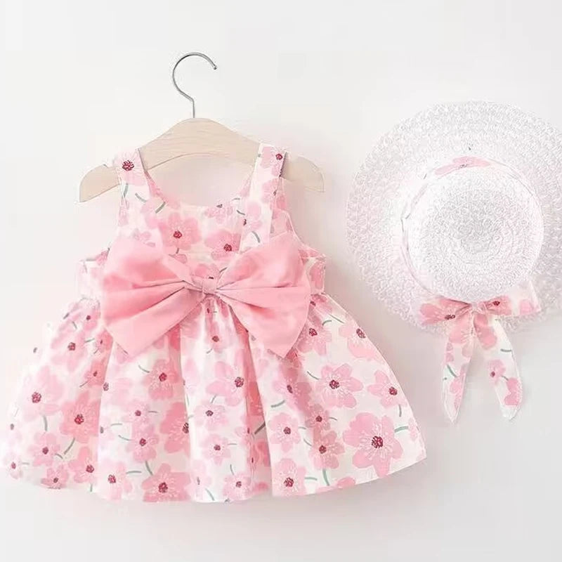 New Girl Floral Dress Sweet Summer Bow Toddler Beach Dress for Children Aged 0 to 3 Newborn Clothing+Hat Set of 2 Pieces