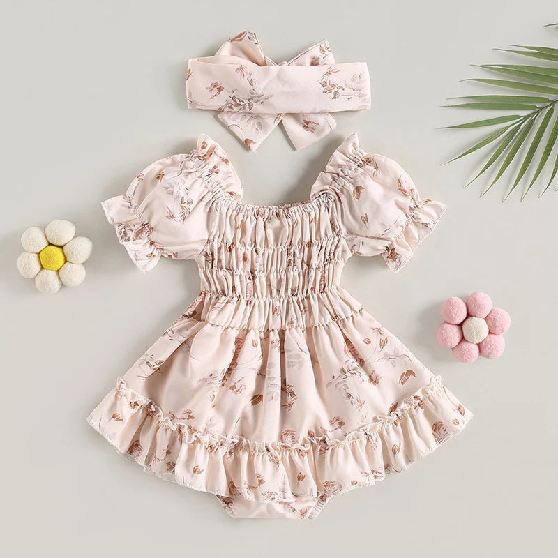 0-24M Summer Baby Girl Romper Newborn Infant Baby Floral Print Ruffle Jumpsuit Playsuit Sunsuit Headband Outfits