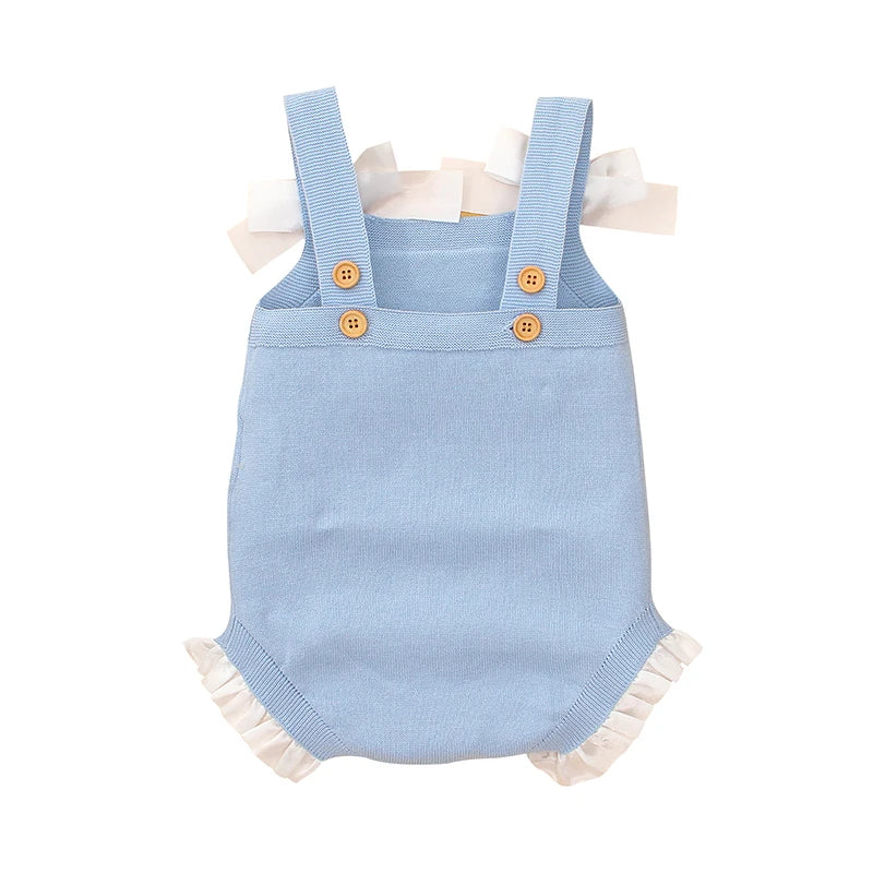 Adorkable Bowknot Spaghetti Straps Knitted Sleeveless Newborn Baby Girls Cotton Rompers Breathable Baby Bodysuit for Summer