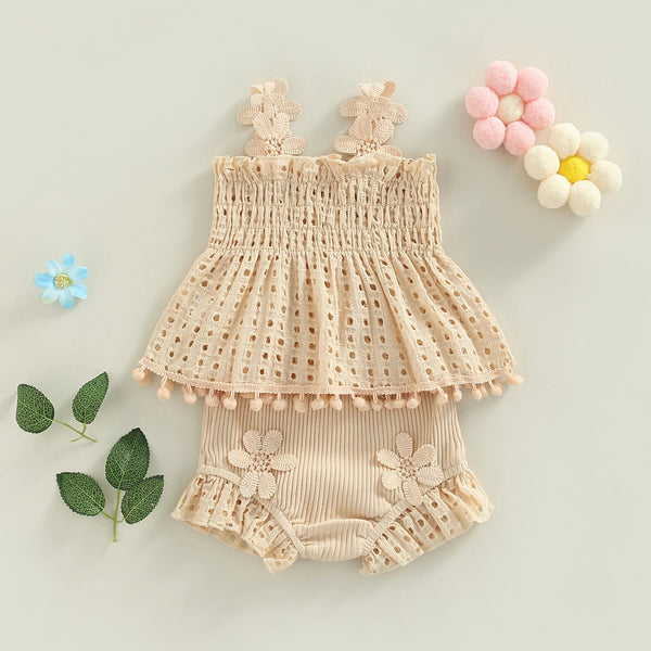 Toddler Baby Girls Summer Outfit Solid Color Cutout Pleated Tank Tops and Stretch Casual Ruffle Shorts 2Pcs Set