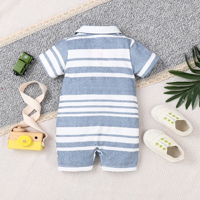 Baby Boy Blue Striped Polo Neck Short-Sleeve Button Front Romper Suitable for Summer Season Soft and Comfortable