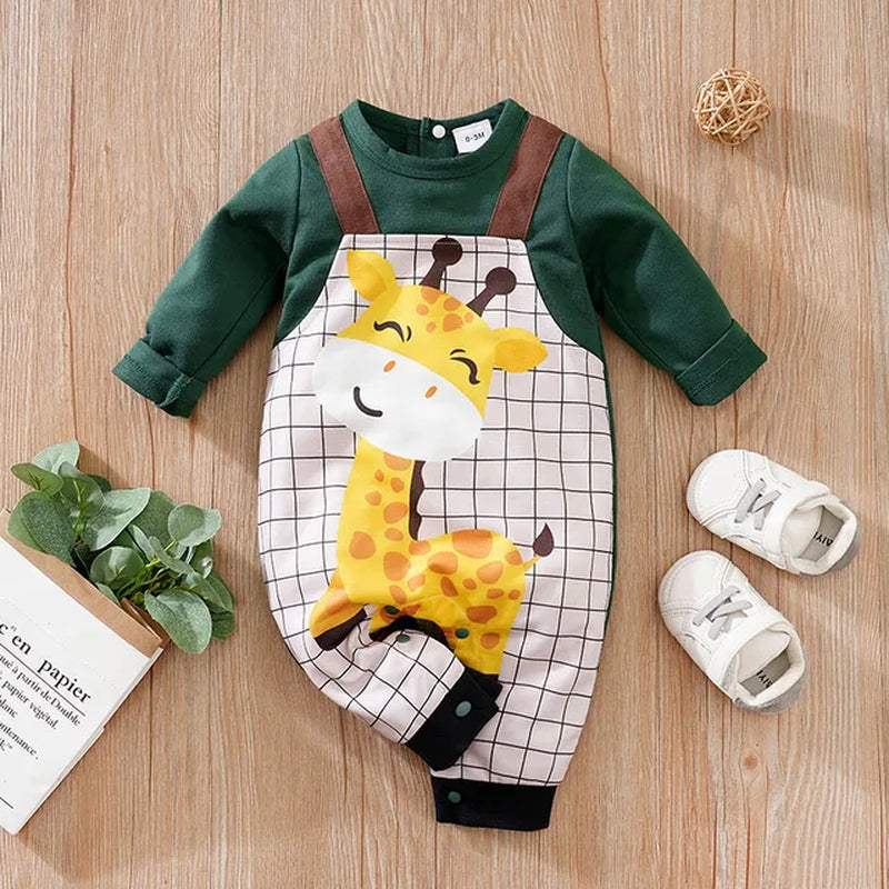 Spring and Autumn Boys and Girls Cute Cartoon Giraffe Printed False Strap Long Sleeve Baby Bodysuit