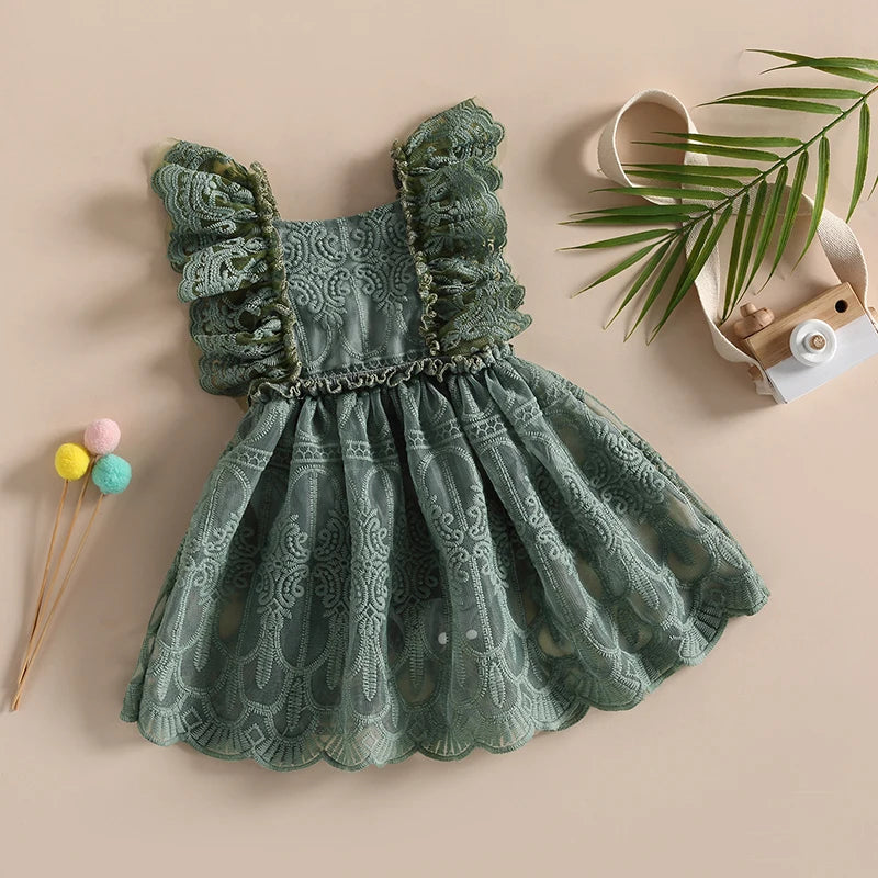 EWODOS Toddler Baby Girls Sweet A-Line Dress Summer Lace Jumpsuit Ruffles Sleeve Backless Solid Color Infant Bodysuit Dresses