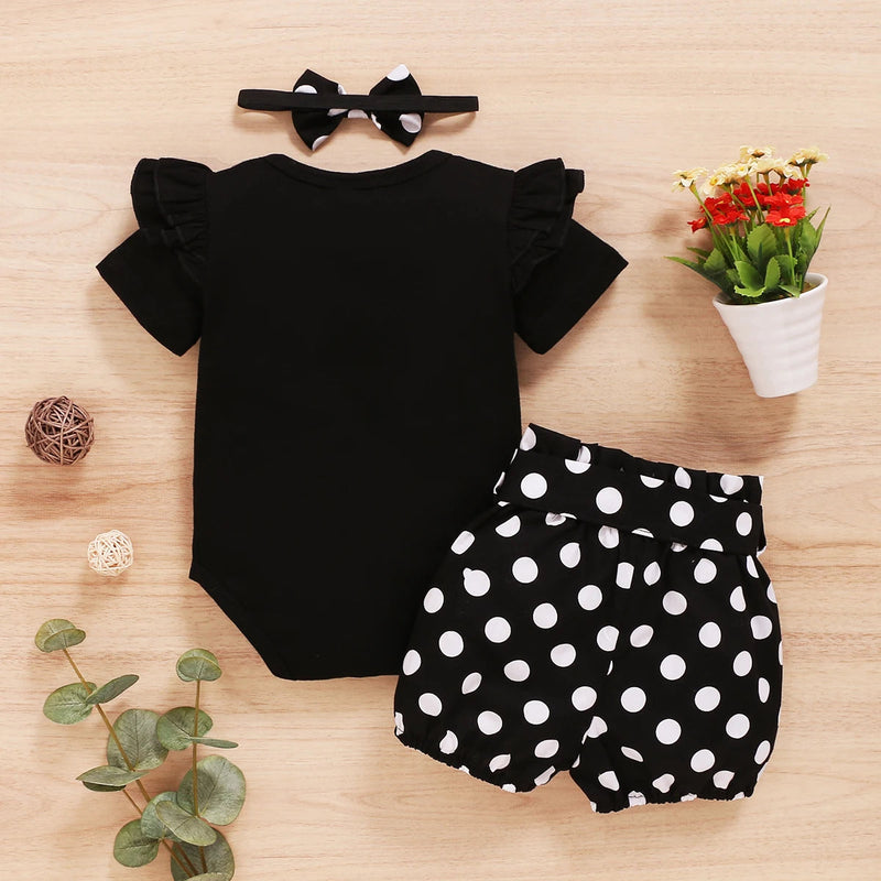 0-18Months Infants Baby Girl Set Black Short Sleeve Bodysuit + Polka Dot Shorts +Headband Newborn Baby Girl Summer Fashion 3Pcs