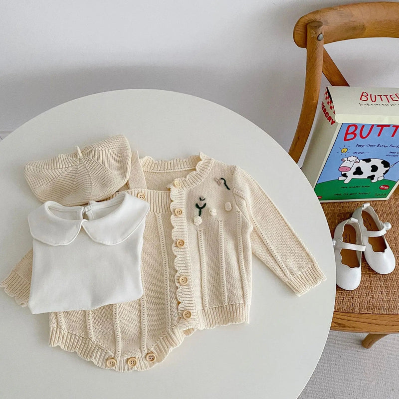 Ins2023 Autumn Baby Sweater Set Clover Baby Knitted Cardigan Top + Sleeveless Romper 2-Piece Set