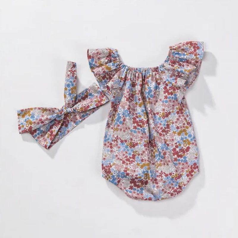 Newborn Baby Girls Sleeve Floral Romper 0-12M Short Sleeve Romper + Headband 2Pcs for Girls