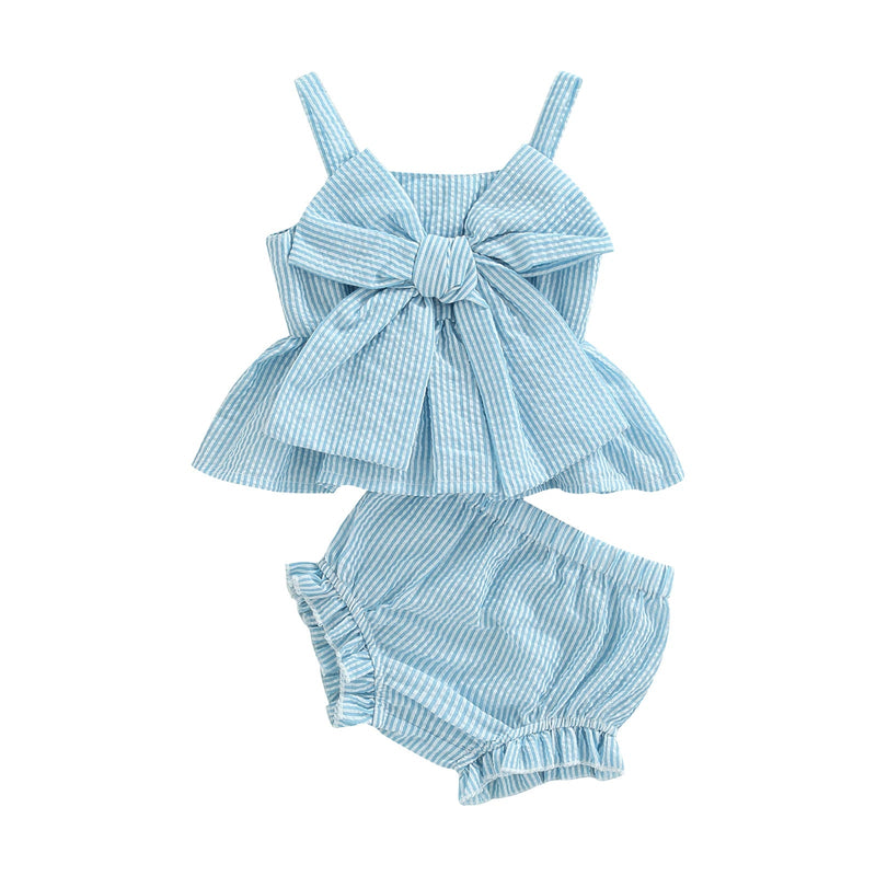 Infant Baby Girls Shorts Set Striped Print Big Bow Embellished Sleeveless Sling Tops + High Waist Stretch Shorts