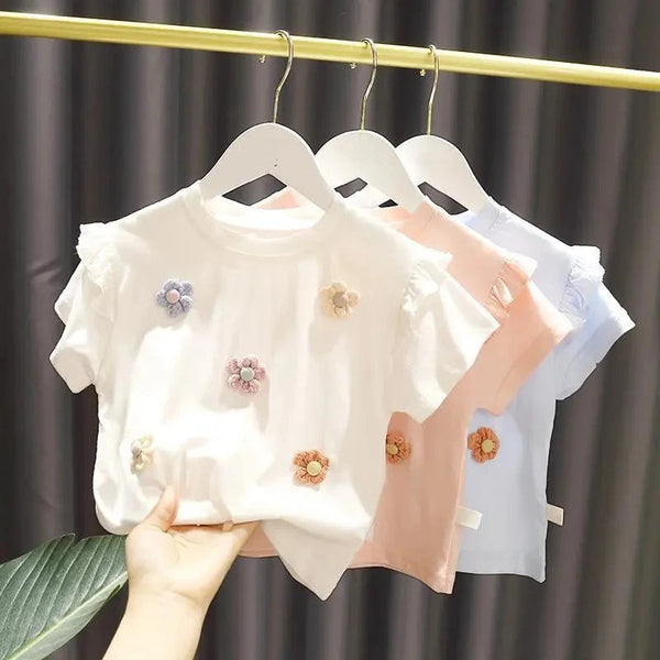 Summer Girls T-Shirt New Children'S Baby Cute Lace Short-Sleeved Top Little Girl Cotton Bottoming Shirt