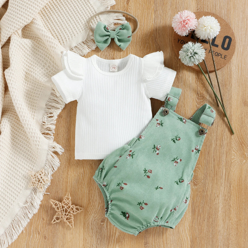 Infant Baby Girl Summer Clothes, Solid Color Fly Sleeve round Neck Tops + Flower Pattern Suspender Jumpsuit + Bow Headband