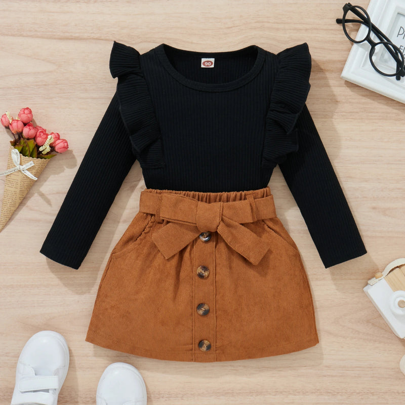 9M-4Y Newborn Toddler Infant Baby Girl Clothes Set Ruffles Long Sleeve Tops Bow Skirts Outfits Spring Autumn Costume D35