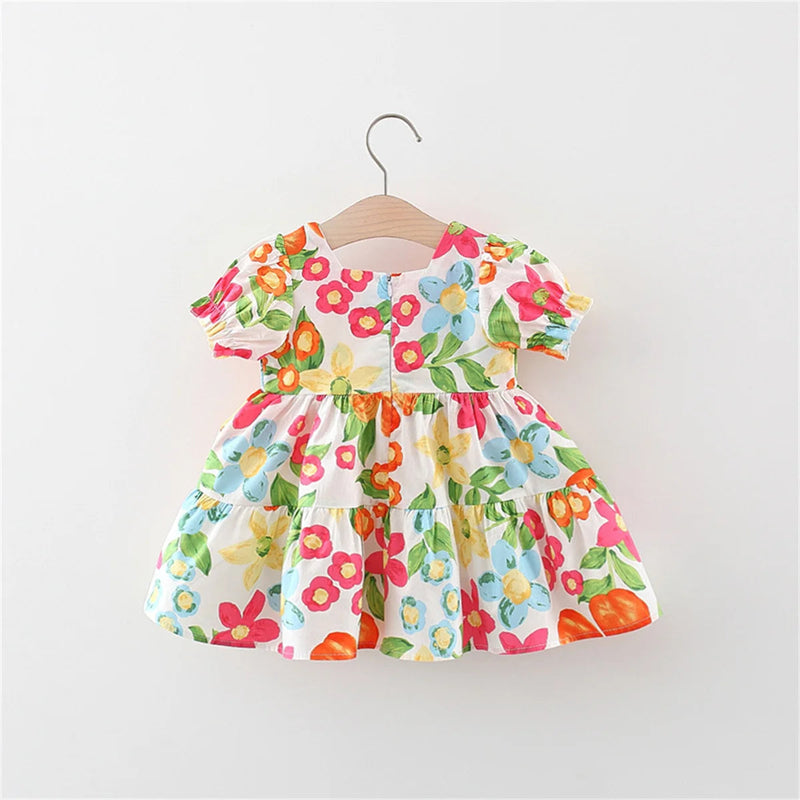 2 Pieces/Set Free Woven Bag 2023 New Summer Baby Girl Dress Tropical Print Beach Ins Short Sleeve Daily Wear