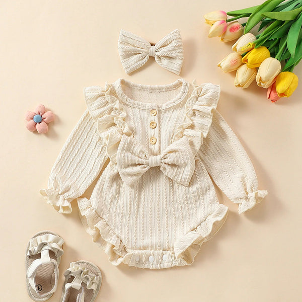 Baby Girls Cute Romper Set with Long Sleeveless Ruffled Tops & Suspender Dress & Bow Headband 2Pcs