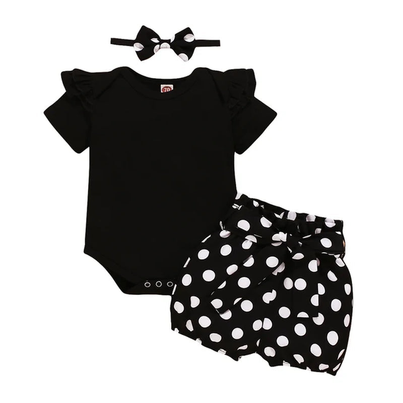 0-18Months Infants Baby Girl Set Black Short Sleeve Bodysuit + Polka Dot Shorts +Headband Newborn Baby Girl Summer Fashion 3Pcs