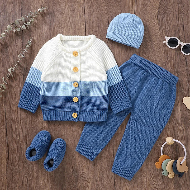 Baby Clothes Set 4PCS Knit Infant Long Sleeve Sweater +Pants +Hat +Shoes Fashion Striped Autumn Kid Tops Trousers Cap Boots Warm