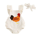 0-12M Lovely Baby Girls Boys Rompers Fuzzy Chicken Embroidery Ruffles Fly Sleeve Backess Jumpsuits with Headband