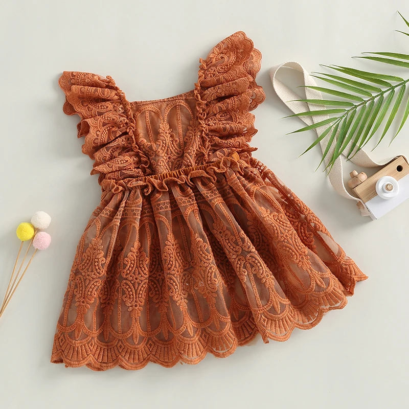 EWODOS Toddler Baby Girls Sweet A-Line Dress Summer Lace Jumpsuit Ruffles Sleeve Backless Solid Color Infant Bodysuit Dresses